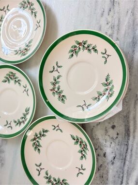 Spode Green Holly Pattern Saucers - Holiday Dinnerware